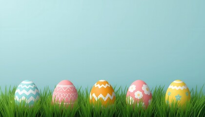 Obraz premium Easter Eggs in the Green Field: A row of vibrantly decorated eggs rests gently amidst the lush greenery of a grassy field, painted against the clear blue sky.