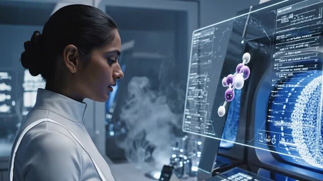 Woman scientist works with futuristic technology in a modern lab