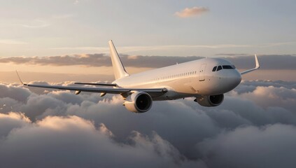Obraz premium Aerodynamic airplane soaring gracefully amidst fluffy clouds during golden hour