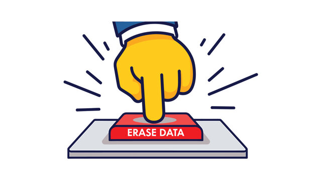 Hand Pressing 'ERASE DATA' Button - Data Deletion, Privacy, Reset, and Security Concept Illustration