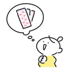 シールのことを考える笑顔の女性キャラクターと吹き出しのかわいい線画　シル活