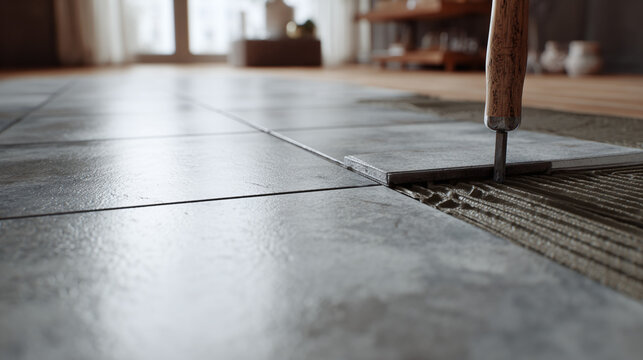 Tiling a floor with care, demonstrating precision in craftsmanship