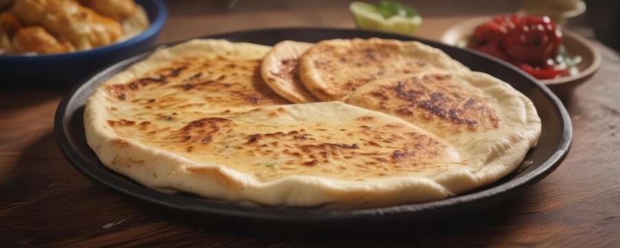 Steaming pupusas on a traditional handmade comal plate,  steamed,  flatbread