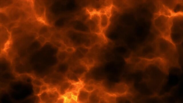Seamless motion of orange fire flames and electric lightning loop creates a burning heat texture with red smoke explosion energy on a dark liquid background pattern