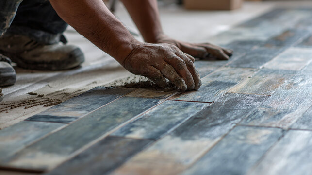 A construction worker carefully laying the blue tiles on the floor, showcasing skilled craftsmanship and attention to detail. 