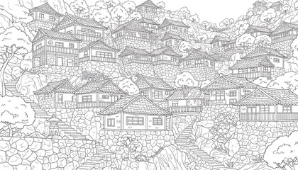 Obraz premium Detailed Line Art Drawing of Traditional Korean Hillside Village for Cultural Education and Relaxation Coloring Books