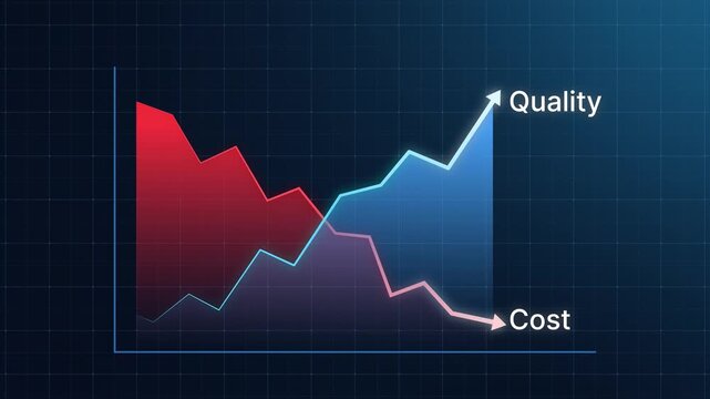 Quality control and company cost reduction concept. Graph chart with line arrow visualize efficiency, savings, and improving performance optimization. Successful business strategy and management 