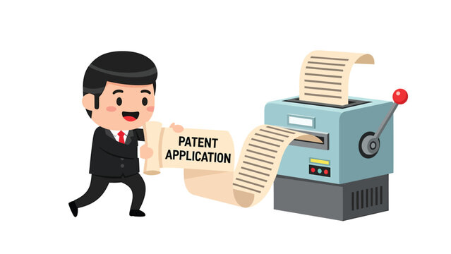 Businessman filing patent application into a processing machine. Intellectual property and invention protection concept.