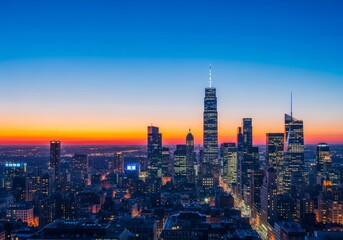 Obraz premium Cinematic urban skyline at twilight showcasing deep atmospheric perspective, dramatic gradients, and glowing iconic architecture across the wide horizon, reflective, cityscape, towers