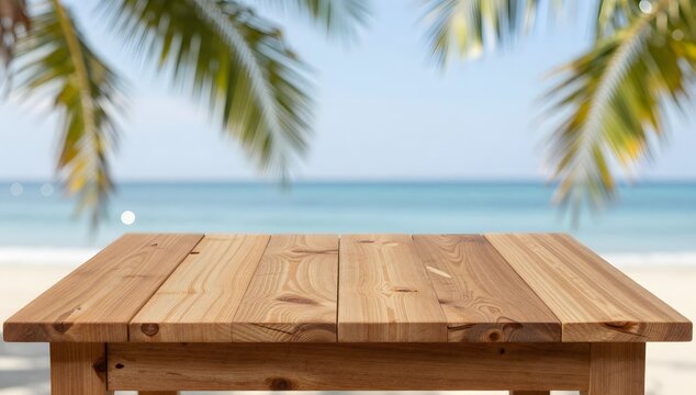 Wooden table offers a picturesque view of the beach with turquoise ocean and palm trees