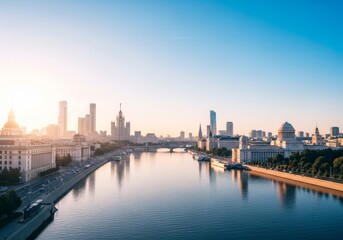Fototapeta premium Cinematic panoramic view of the capital city at early morning, highlighting the calm river, monumental architecture, and wide urban horizon, tourism, sunrise, peaceful