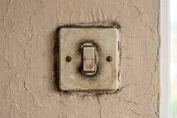 Dirty old light switch on cracked beige wall with grime and wear
