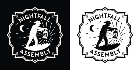 Vintage style badge logo featuring a silhouette of a person carrying a glowing lantern under a crescent moon for nightfall assembly.