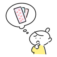 シールのことを考えて悩む女性キャラクターと吹き出しの線画の手描きイラスト