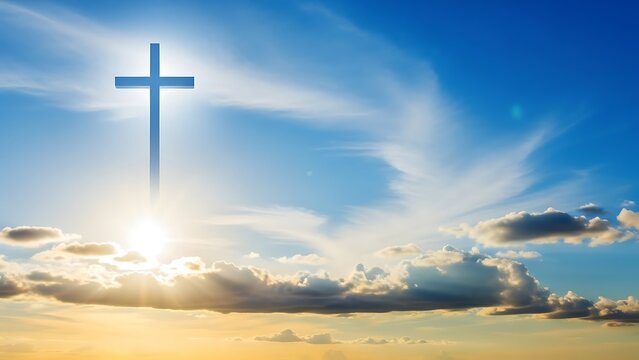 Cross in the sky with sun shining through clouds at sunrise or sunset with blue and orange hues