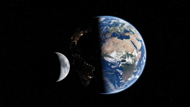 Earth Moon In Space The Moon In Crescent Phase The Earth Illuminated With City Lights On One Side Daylight On The Other Stars In The Background Could Be Used For Science Education