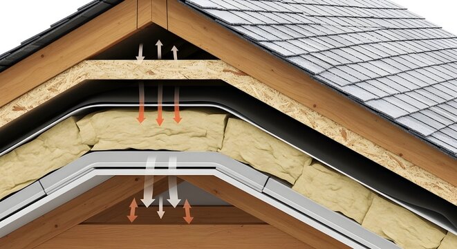 Roof Insulation Cross Section with Mineral Wool and Attic Ventilation Airflow Arrows 3D Illustration