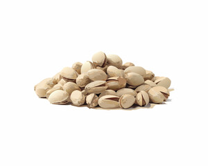 A pile of shelled pistachios displayed against a white background