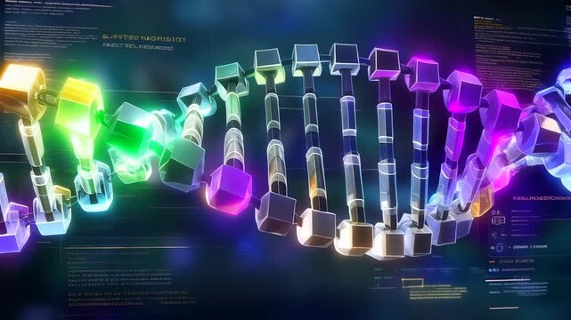 Colorful genomic data helix rendered in d, cube base pairs rotating along luminous backbone, interface overlays and analytics readouts, neon palette evokes bioinformatics and nextgen