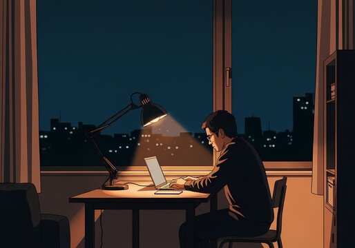 Person working at night under desk lamp with city lights outside, representing delayed productivity, late night focus and quiet activation