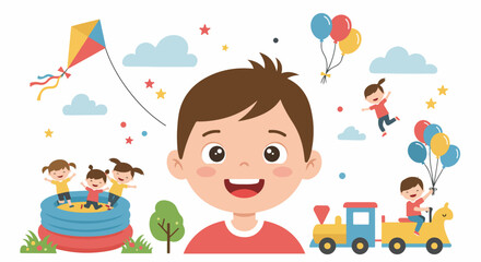 Fototapeta premium A cheerful boy surrounded by playful childhood activities like kite flying, bouncy castle fun, and toy train rides, embodying joy and innocence.
