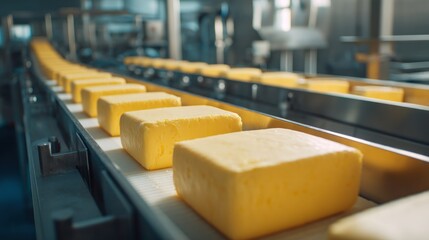 Fototapeta premium Butter blocks conveyor production line food processing manufacturing