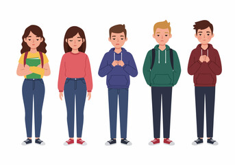Fototapeta premium Diverse group of young students in casual attire, standing together with neutral expressions. Flat illustration of male and female teenagers ready for school.