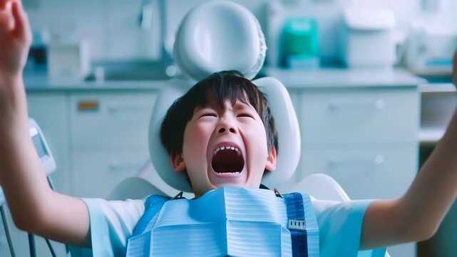 asian boy screaming in dental chair, wearing blue bib, mouth open wide, arms flailed, tears and visible panic during pediatric examination dental instruments and operatory lighting