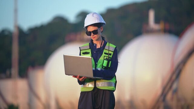 Professional engineering working at Industrial Gas Storage Facility, Project at refinery plant, Industrial inspection, modern construction technology, Oil and Gas Petrochemical industry.