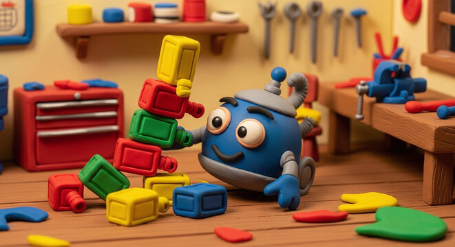 Happy Blue Robot Building Stacking Blocks in Claymation Workshop