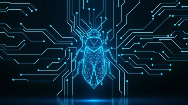 Digital Bug Illustration Centered Within Circuit Board Design On Dark Reflective Surface Cyber Security Concept For Tech Presentations Articles