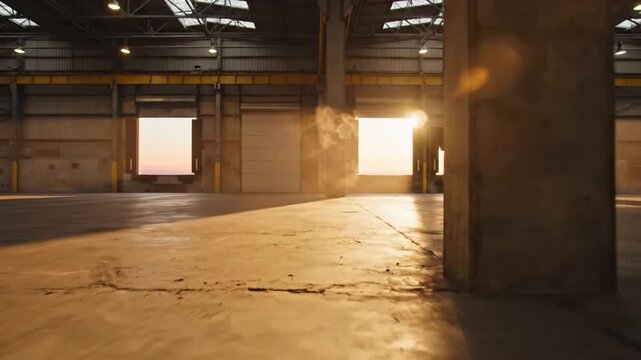 Dramatic empty warehouse with golden light and dust
