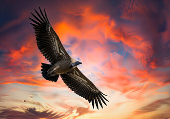 Fototapeta premium A vulture soars through a dramatic sunset sky with vibrant orange and red clouds painting the horizon