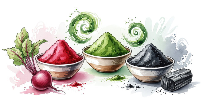 Natural superfood powders illustration beet matcha charcoal watercolor style