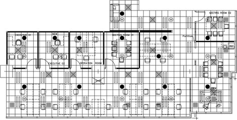 Interior Design Drawing Layout Plan of T-Bar Ceiling, Air Conditioning and Smoke Detector Placement in Office