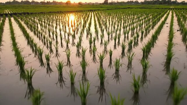 Serene rice field at sunset with lush green plants and golden light