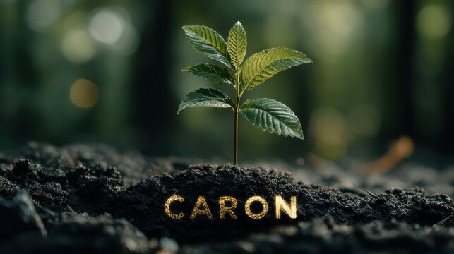 A young green seedling grows from rich soil with the word "CARON" embedded in the earth beneath it, symbolizing growth and potential.