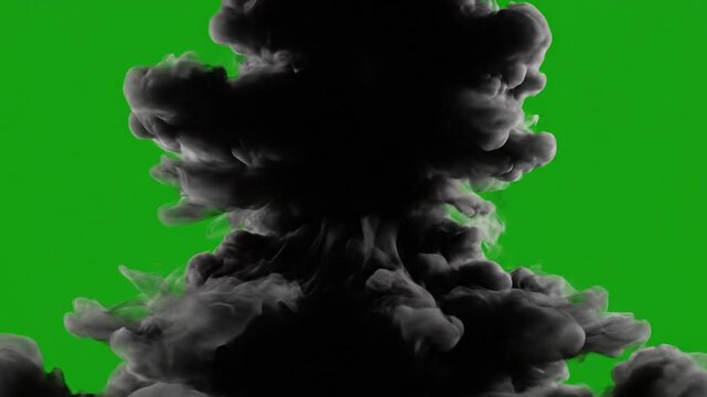 Dramatic Smoke Explosion: A dynamic cloud of dense, black smoke billows upwards, set against a vibrant green backdrop, creating a striking visual contrast and symbolizing power.