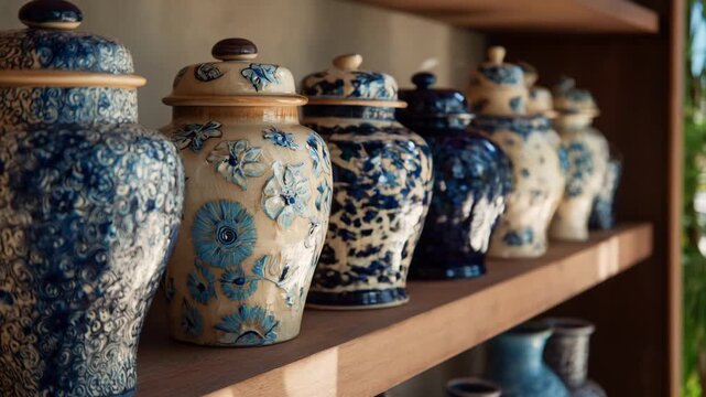 Medium shot of ceramic urns with intricate handpainted patterns displayed elegantly on wooden shelves in soft natural light.