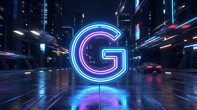 Neon Letter G Illuminated in Cityscape.