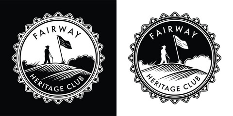 Fototapeta premium Vintage black and white circular badge design featuring a golfer with a flag on a fairway for a heritage club logo.