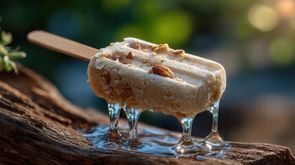 Obraz premium Delicious melting ice cream bar on wooden stick outdoors