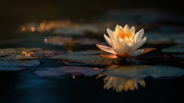 A single lotus flower blooming in a calm pond, reflecting moonlight, symbol of purity and awakening
