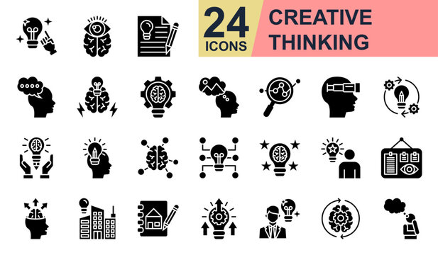 Creative Thinking Icons set vector illustration. Containing Mind Vision, Brainstorm, Innovation, Creative Process, Design Thinking and more. Simple glyph icons collection.