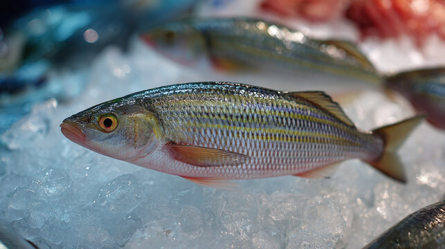 A close-up view of a fresh fish resting on a bed of ice