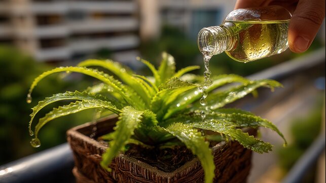 Person watering aloe vera plant with oil on balcony