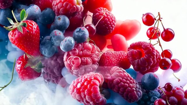 vivid frozen berries in swirling smoke studio macro shot showing strawberries raspberries blueberries and currants enveloped in dry ice fog bright saturated color condensation on fruit high