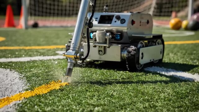 Closeup on a robotic field marking system navigating a multisport grid applying clean sharp paint lines with blurred sports equipment in the background.