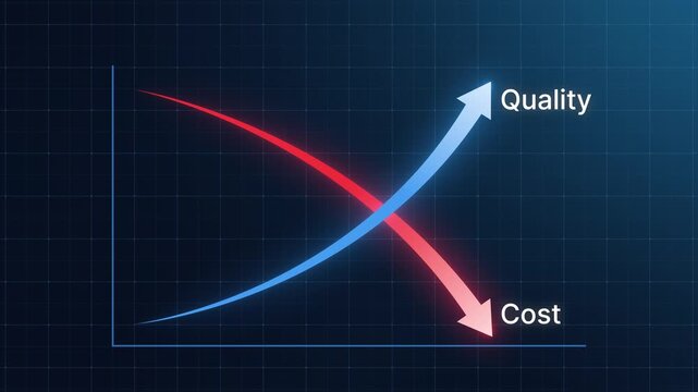 Quality improvement and cost reduction concept with blue quality line rising and red cost line falling. Concept of business strategy, management, efficiency and performance optimization