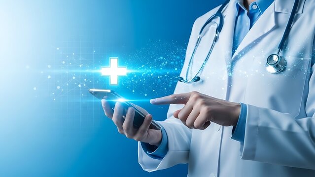 Doctor using mobile phone with medical cross symbol